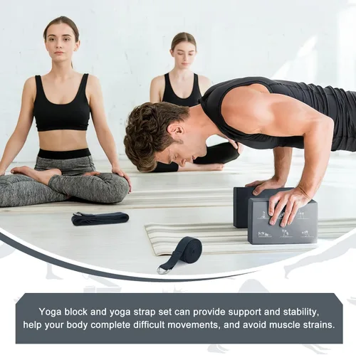 Miniatura 6 de RETON Juego de bloques de yoga con correas, ladrillos de yoga de alta densidad, bloque de pilates de espuma EVA ligera, 2 bloques de yoga con 2 Gris