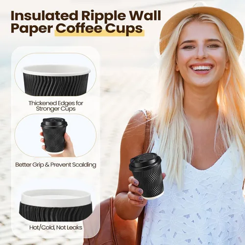 Miniatura 2 de Funnymoom Juego de 140 tazas de café de 8 onzas con tapa, desechables de papel corrugado, tazas de agua a granel adecuadas para café, cacao, jugo