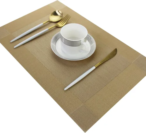 Miniatura 4 de Juego de 6 manteles individuales de plástico lavables para mesa de cocina, resistentes al calor, de vinilo tejido, para exteriores, 12 x 18 Dorado