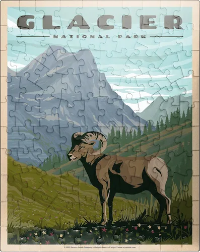 MyPuzzle Glacier National Park - Where The Bighorn Sheep Roam, póster de viaje vintage, rompecabezas de 100 piezas prémium para adultos