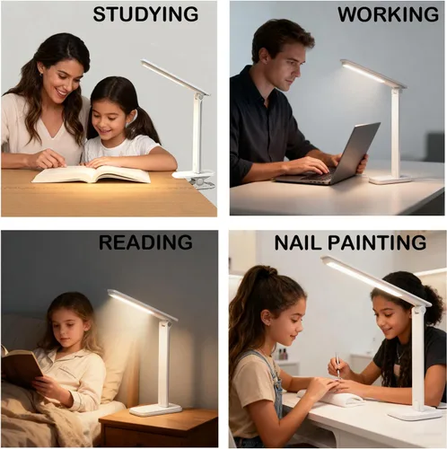 Miniatura 3 de Lámpara LED de escritorio, lámpara de mesa regulable, lámpara de lectura con clip y base intercambiables, 3 brillos regulables, pequeña lámpara