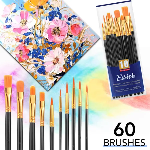 Miniatura 4 de Juego de pinceles de pintura ESRICH, 6 paquetes de 60 unidades, cerdas de pelo de nailon para pintura acrílica, pinceles de artista para pintura
