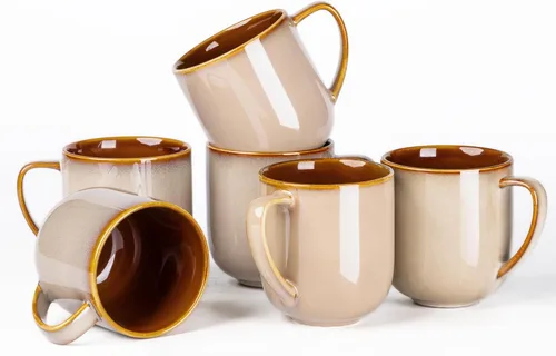 LERATIO Juego de 6 tazas de café de cerámica de 12 onzas, grandes tazas de porcelana con mango grande para café con leche, capuchino, leche, cacao,