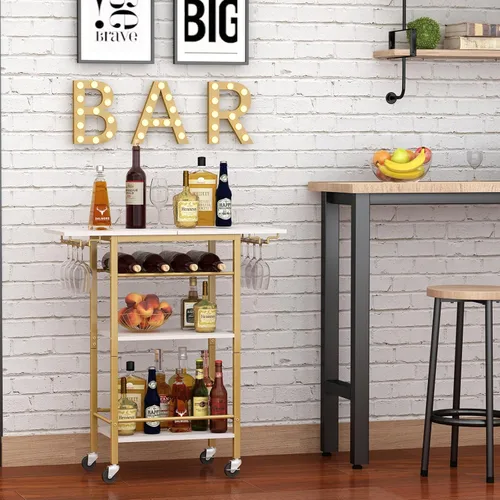 Miniatura 5 de LAATOOREE Carrito de bar, carrito de servicio de bar en casa, carrito móvil de bebidas de 4 niveles, estante de cocina rodante con soporte para vino