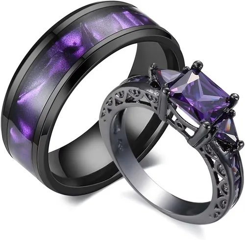 XAHH Anillos para parejas para él y ella, chapado en oro negro, anillo de boda de promesa para mujer, circonita cúbica púrpura, circonita cúbica,