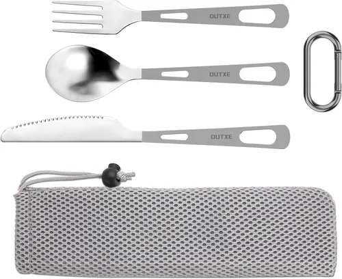 Miniatura 7 de OUTXE Juego de cubiertos de titanio, cuchillo, tenedor, cuchara, ligero, para campamento, con bolsa de transporte para viajes, picnic, senderismo