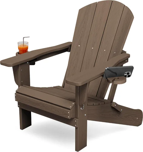 Miniatura 17 de KINGYES Silla plegable Adirondack con portavasos dobles - Sillas de exterior de HDPE para todo clima, silla de patio tipo madera para el patio Negro