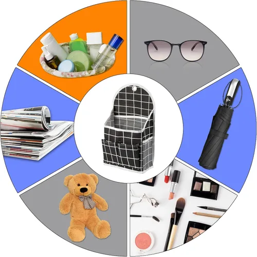 Miniatura 5 de FuninCrea Bolsa de almacenamiento para colgar en la pared, organizador de lino a cuadros blanco y negro, para montar en la pared, sin perforaciones