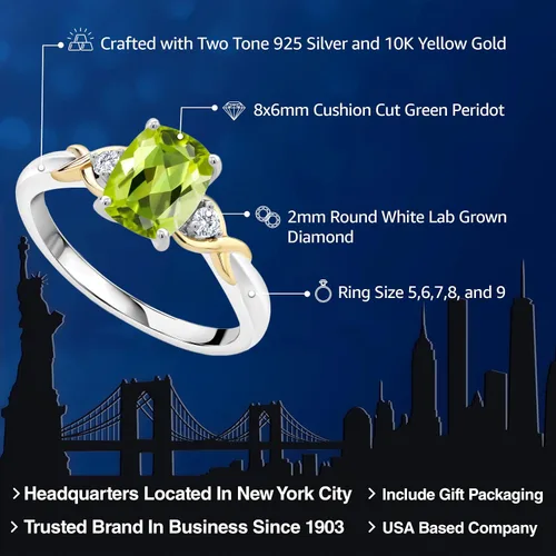Miniatura 2 de Gem Stone King Anillo de compromiso de 3 piedras preciosas de plata 925 y oro amarillo de 10 quilates de 0.315 x 0.236 in de talla cojín y diamante