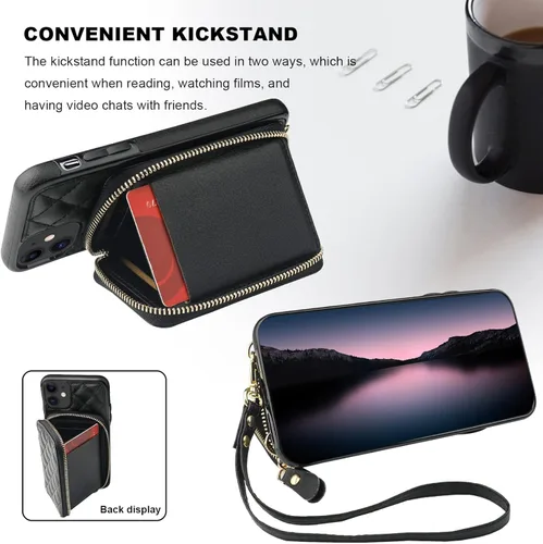 Miniatura 5 de Bocasal Funda tipo cartera cruzada para iPhone 11, con bloqueo RFID, de piel sintética, con cremallera, funda tipo cartera con función atril y Negro