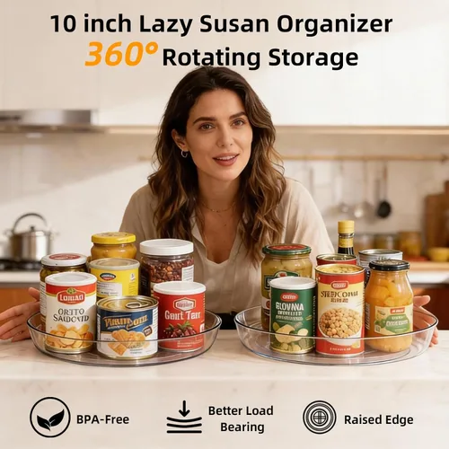 Miniatura 2 de Juego de 2 tocadiscos Lazy Susan de 10 pulgadas para organización de especias Clear BPA-Free Plastic Rotating Organizer for Kitchen Cabinet