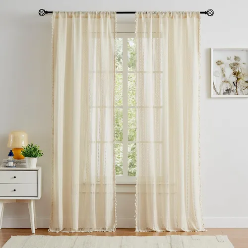 Miniatura 2 de Amzdecor Cortinas bohemias con borlas de encaje beige para dormitorio, sala de estar, lino texturizado elegante, patrón geométrico rústico