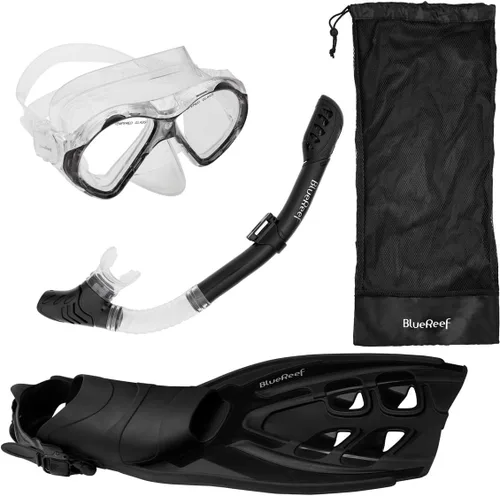 Miniatura 8 de Blue Reef Sentinel Snorkel Mask Set, Snorkeling Gear for Adults Set Includes Sentinel Black Mask w/Twin Tempered Glass, Cortes Dry Snorkel, Bay Fins