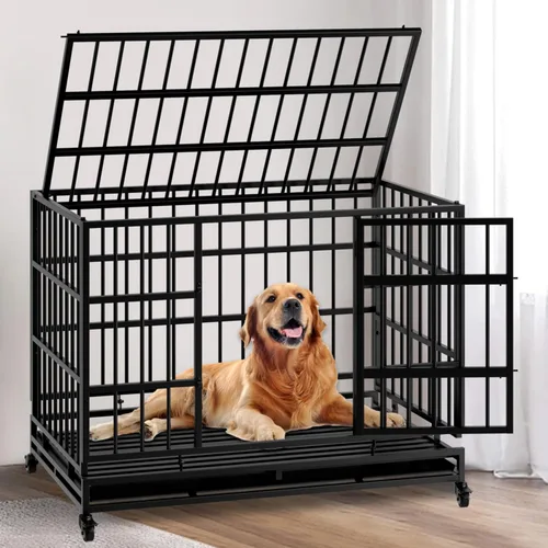 Jaula plegable indestructible para perros con ruedas, jaula de metal resistente a prueba de escapes de 48 pulgadas para perros grandes y medianos,