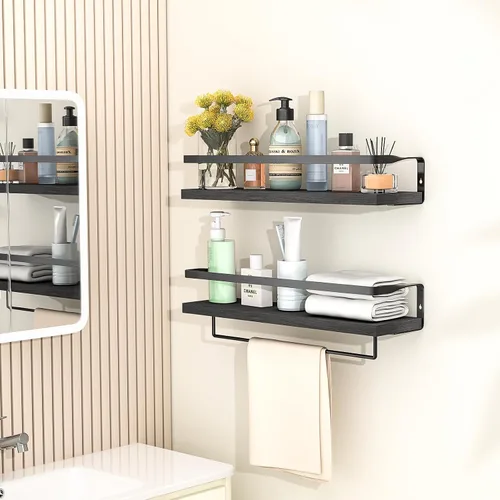 Miniatura 2 de Estantes de baño con toallero, estantes flotantes para baño, cocina, dormitorio, madera de paulownia, marco de metal negro mate, juego de 2
