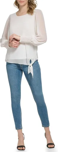 Miniatura 4 de Calvin Klein Blusa de manga fruncida con dobladillo de nudo mate para mujer