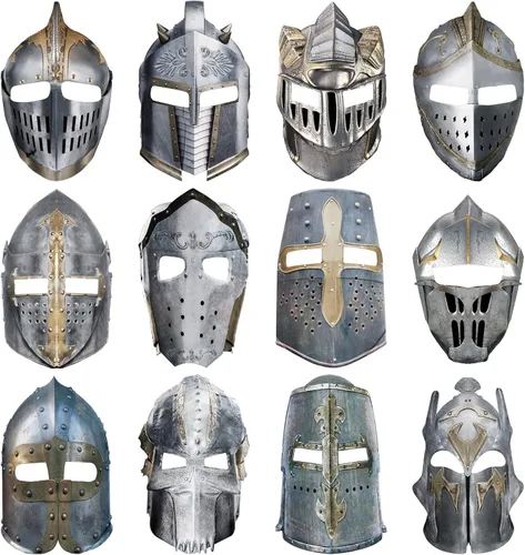 Frienda 12 máscaras de caballero para niños, decoración de fiesta medieval, cascos de caballero de papel, máscara de Mardi Gras, accesorios de