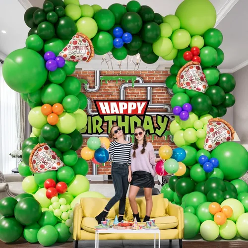 Miniatura 2 de Kit de arco de guirnalda de globos de tortuga verde, globos de látex verde jungla con globo de Mylar de papel de aluminio de pizza para caricaturas