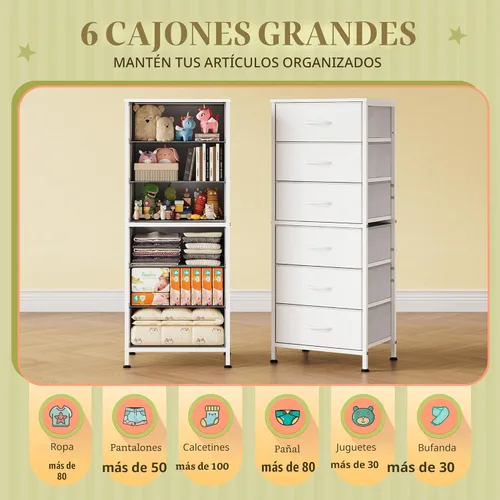 Miniatura 5 de WLIVE - Cómoda alta blanca para dormitorio, 6 cajones y cómodas, cómoda de tela para armario, sala de estar, mesa de noche con marco de metal, torre