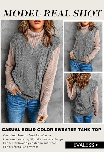 Miniatura 7 de EVALESS - Chaleco de gran tamaño para mujer, cuello en V, sin mangas, color sólido, suéter suelto