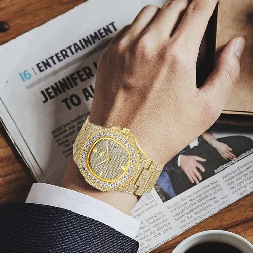 Miniatura 36 de Gosasa Reloj de pulsera unisex de cristal para hombre y mujer, reloj cubano con brillo completo, oblongo de plata/oro, reloj de pulsera de acero