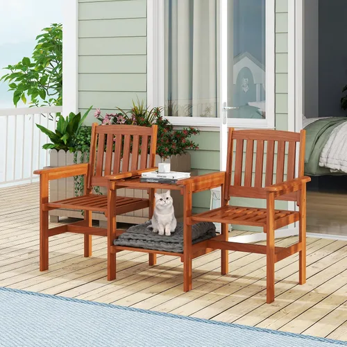 Miniatura 8 de RELAX4LIFE Sofá de dos plazas para exteriores con mesa integrada, sillas de patio de madera con mesa central y agujero para paraguas, banco