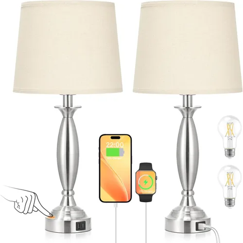 Miniatura 16 de Juego de 2 lámparas blancas para dormitorio, lámpara de noche de control táctil con USB C+A, lámparas de mesita de noche regulables de 3 vías