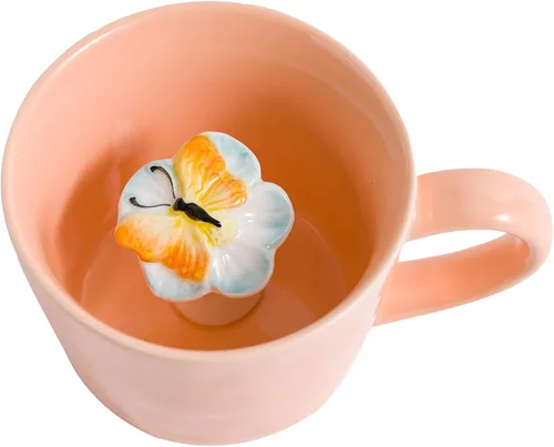 Miniatura 11 de DIHOclub Taza de Cerámica de Mariquita con Animal 3D Oculto en el Interior, Serie Jardín Tazas Figuritas Hechas a Mano 12OZ (Rosa Púrpura)
