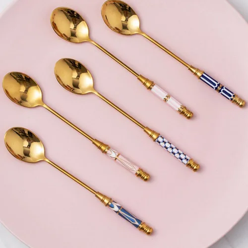 Miniatura 6 de Cucharas de café de acero inoxidable chapadas en oro, cucharaditas de acero inoxidable, cuchara de cerámica, cuchara de té y café para postre
