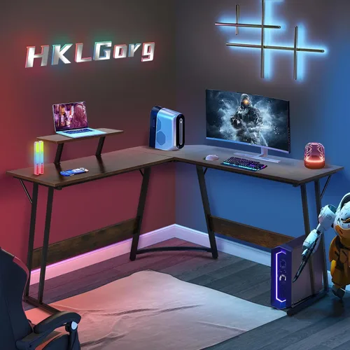 Miniatura 9 de HKLGorg Escritorio en forma de L para computadora de juegos, mesa de esquina para juegos de 50.4 pulgadas con soporte para monitor, superficie