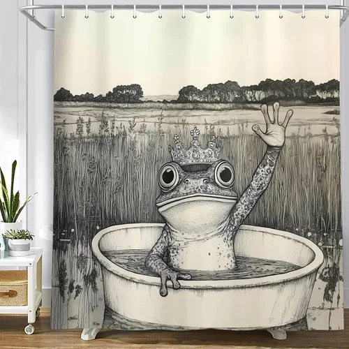 JAWO Divertida cortina de ducha con diseño de rana, bonita decoración de baño, rústica, impermeable, juego de cortina de ducha con ganchos, 69 x 70