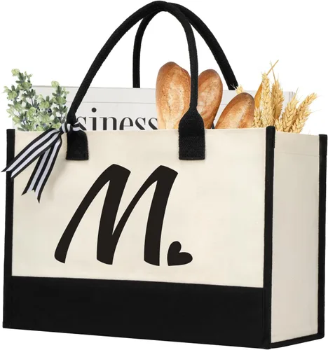 Miniatura 34 de shenee - Bolsa de lona con inicial, bolsa de yute personalizada para la playa, regalo de vacaciones para mujeres, cumpleaños de amigos, boda, año