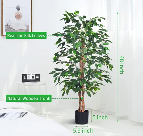 Miniatura 4 de HAIHONG Paquete de 2 ficus artificiales de 4 pies, plantas falsas con maceta de plástico resistente, árboles de ficus artificiales para el hogar