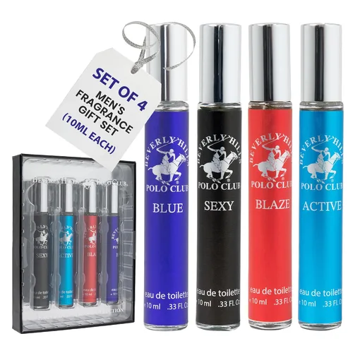 Beverly Hills Polo Club EDT Pen Spray Collection - Juego de 4 fragancias para hombre, aroma activo, sexy, ardiente y azul, colonia de larga duración