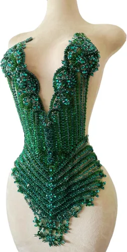 Miniatura 2 de Parches de corpiño hechos a mano con cuentas grandes de diamantes de imitación de encaje, adornos para coser en lentejuelas, piedras y cuentas Verde