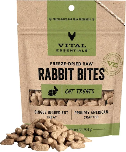 Vital Essentials Rabbit Bites - Golosinas para gatos, 0.9 onzas, crudas liofilizadas, proteína única, sin granos, sin gluten, sin relleno