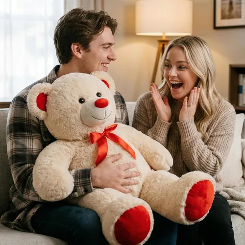 Miniatura 2 de Enorme Oso de Peluche Animal de Peluche Oso de Peluche Gigante con Lazo de Cinta Roja Juguete de Peluche de Día Regalo para Novia y Niños 36 Beige