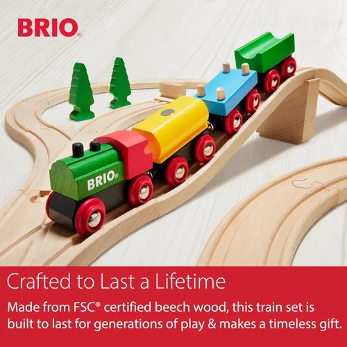 Miniatura 7 de BRIO Juego clásico de tren de madera del 65 aniversario – Juego de trenes de madera con certificación FSC de 32 piezas – Incluye trenes de madera