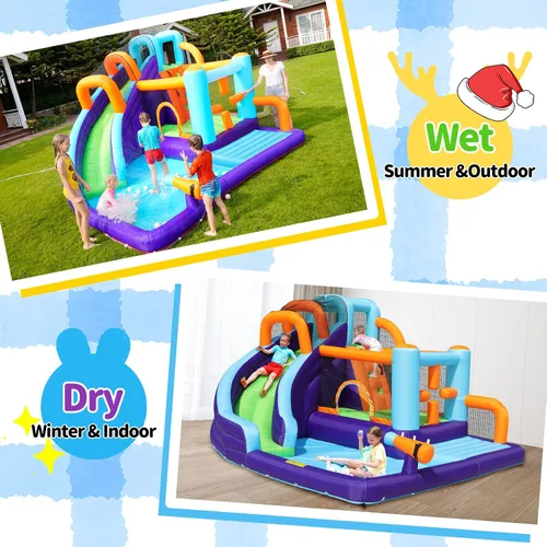 Miniatura 3 de Casa inflable de rebote de tobogán acuático para niños, casa inflable para patio trasero con tobogán acuático para regalo (ventilador incluido)