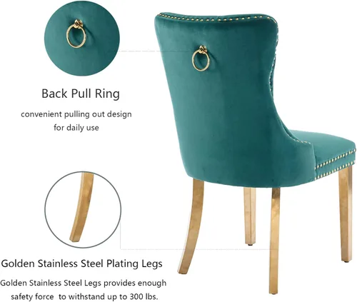 Miniatura 6 de Juego de 4 sillas de comedor de terciopelo, sillas de comedor tapizadas con anillo trasero y patas de acero inoxidable doradas, silla de comedor