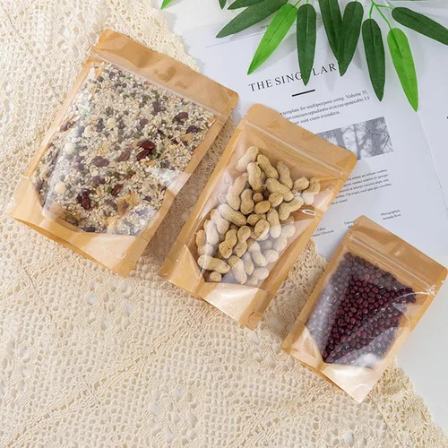 Miniatura 7 de 50 bolsas de papel kraft con ventana transparente Fornt bolsas resellables de pie con cierre de cremallera, bolsas de almacenamiento de alimentos