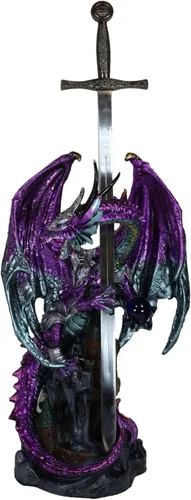 Ebros Gift Gran legendario celta metálico púrpura blindado caballero dragón sosteniendo espada de bronce y orbe azul abrecartas figura figura
