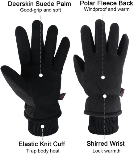 Miniatura 2 de OZERO Winter Gloves Deerskin Suede Leather and Insulated Polar Fleece Water Resistant Thermal Gifts for Men and Women