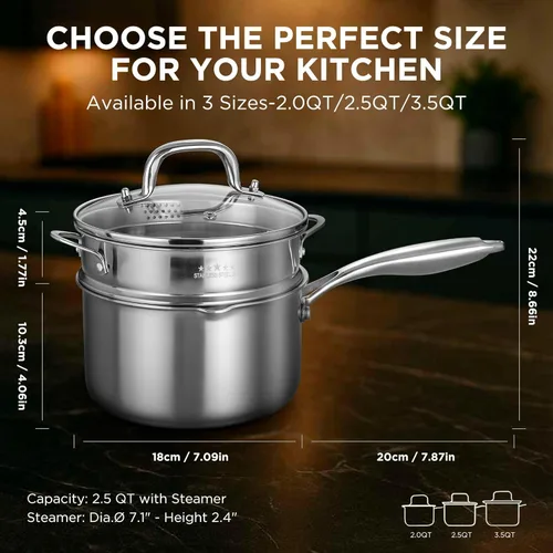 Miniatura 7 de Sartén de acero inoxidable de tres capas con cesta de vapor y tapa de vidrio colador, olla multifunción 2 en 1 para cocinar al vapor, hervir