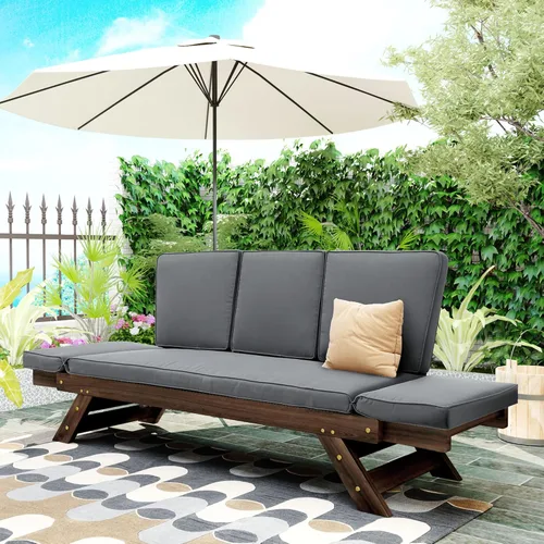 Miniatura 11 de Harper & Bright Designs Sofá convertible para exteriores con reposabrazos ajustable, sofá de madera maciza para patio con cojines, acabado Acabado