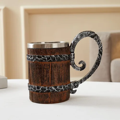 Miniatura 6 de Taza de cerveza vintage con barril de madera de roble sintético, medieval, retro, vikingo, de acero inoxidable, taza de 17 oz/16.9 fl oz, regalo