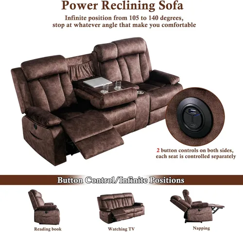Miniatura 4 de GUEAPY Sofá reclinable eléctrico de 3 asientos, sofá reclinable de masaje con sofás reclinables de energía térmica con puertos USB/tipo C, Marrón