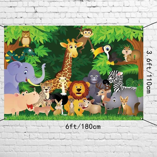 Miniatura 3 de AWERT Cartel de poliéster de 6 x 3.6 pies de dibujos animados de animales de la selva con temática de safari de la selva cartel de cumpleaños