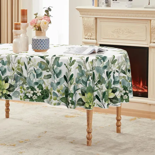 Miniatura 9 de Horaldaily Mantel rectangular de primavera y verano de 52 x 70 pulgadas, mantel floral de eucalipto para decoración de fiestas, pícnic, cenas
