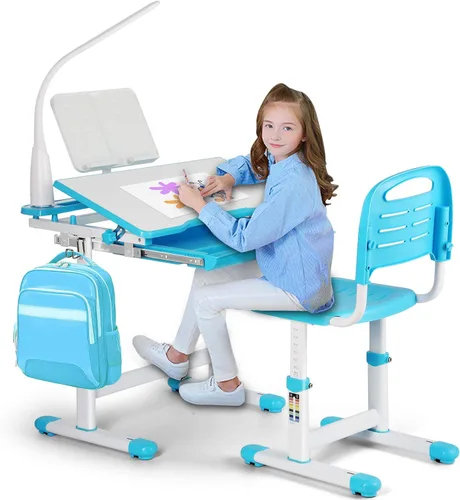 Miniatura 15 de Artist hand Kids Study Desk and Chair Set Height Adjustable Children School Table Large Writing Board Desk with LED Lamp Pull Out Drawer Pencil Case